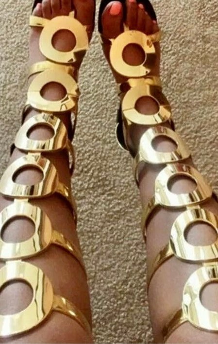 Knee High Boots Gladiator Sandals Back Zipper Gold Circle