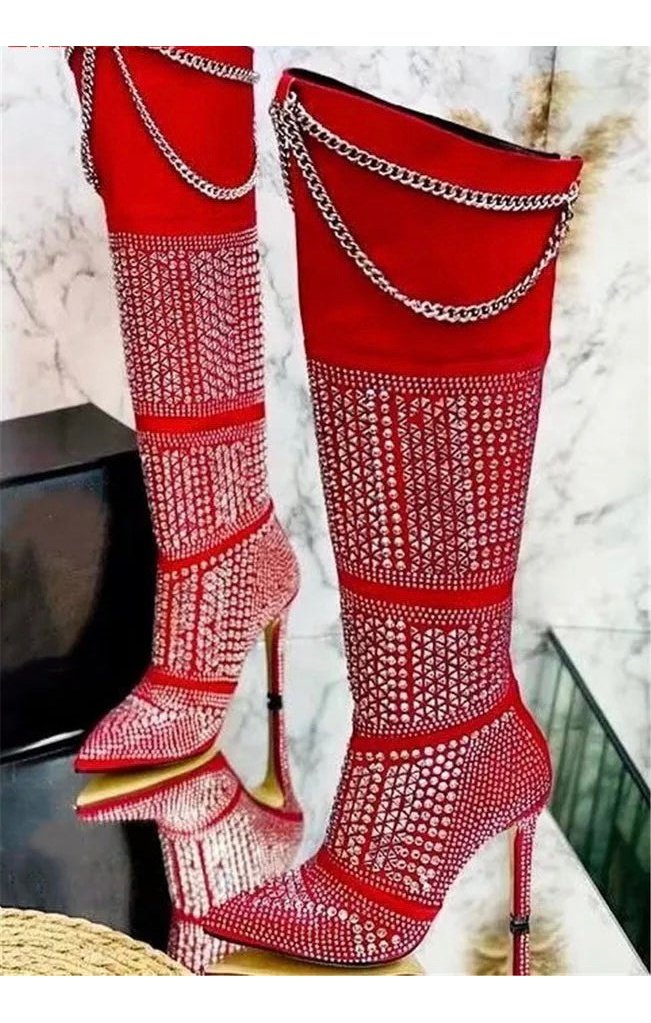 Luxury Designer Crystal Chain Knee High Boots   (2 Colors)