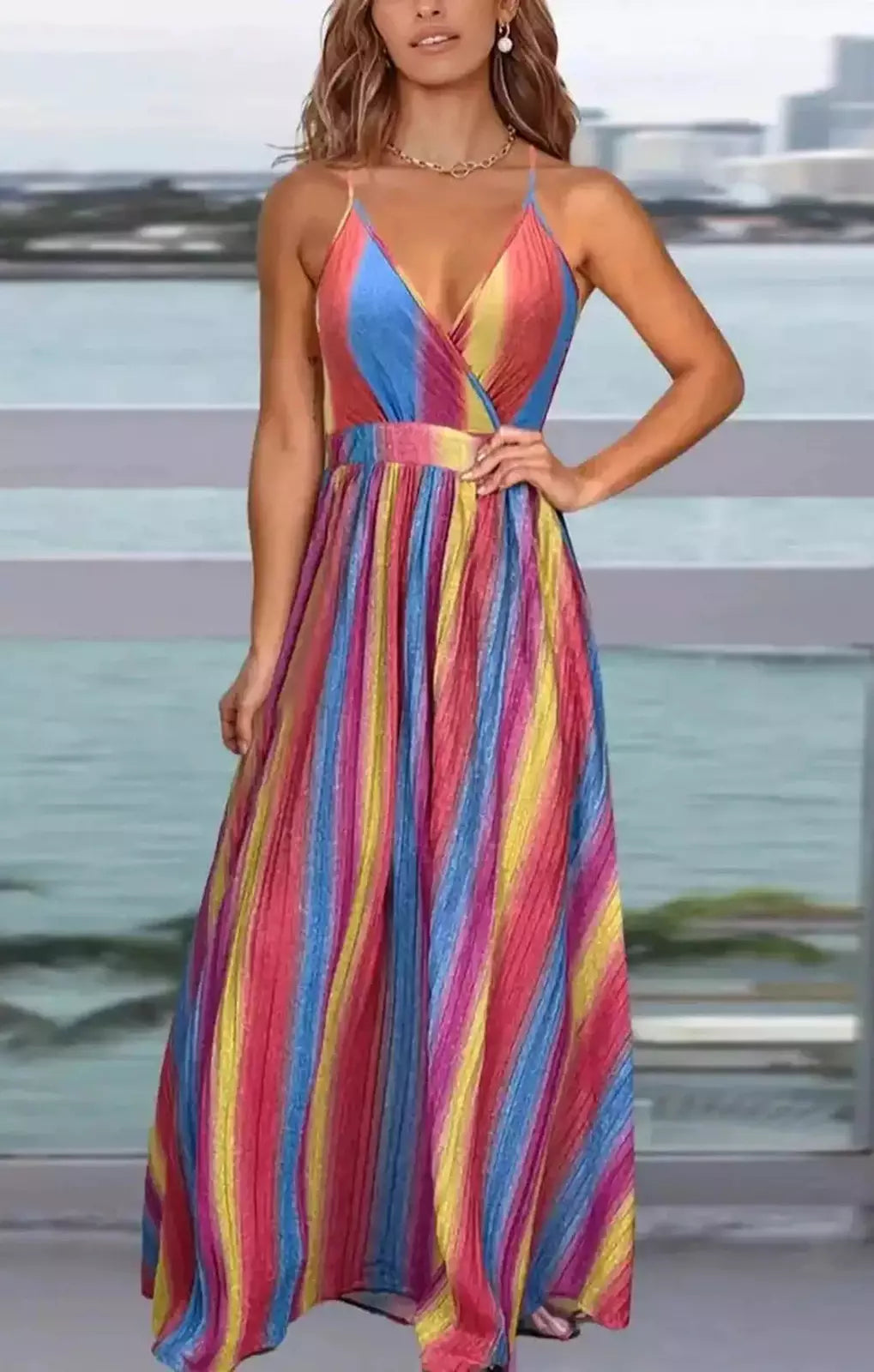 Summer plus size vacation style multicolor stripe Dress
