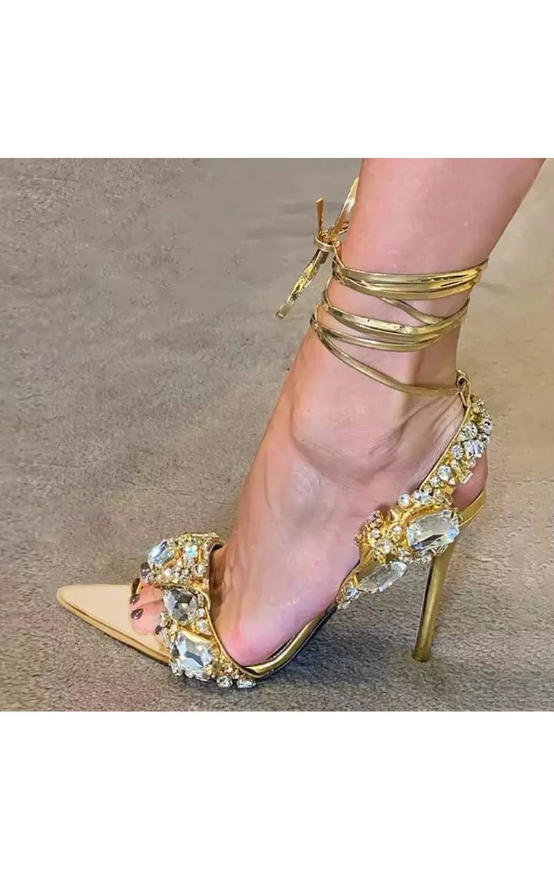 Luxury Crystals Diamonds Ankle Tie Gold Sandals Heels