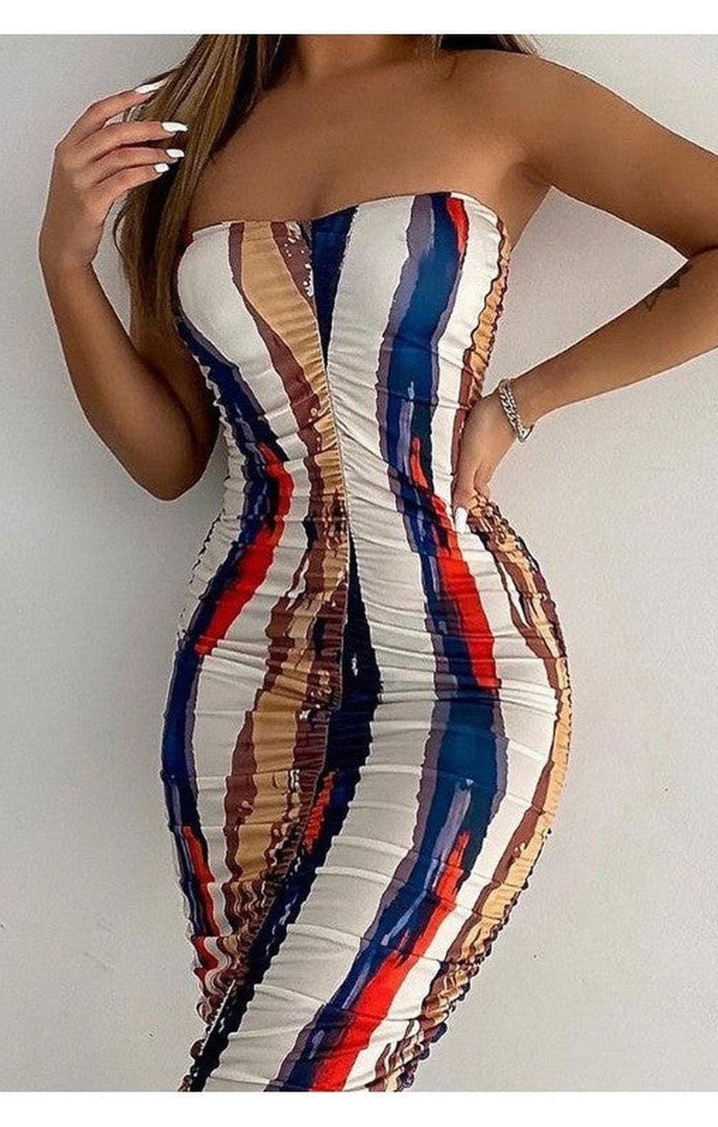 Bandeau Ruched Abstract Print Dress