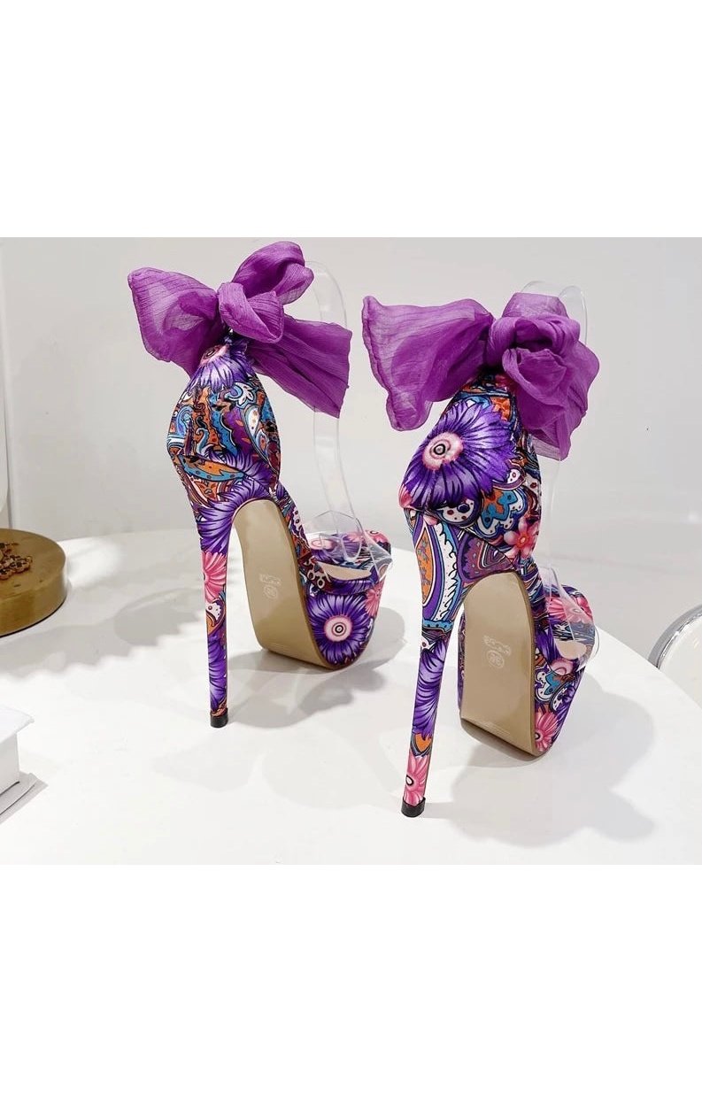 Purple Print  Platform High Heels Ankle Strap Transparent Sandals