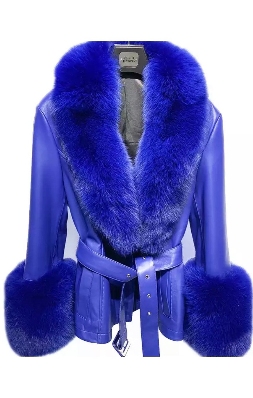 Genuine Leather lWaist Length Winter fur collar and Wrist Cuff stylish  jacket wiith belt Plus Sizes Available ( Many COLORS) (Many Sizes)