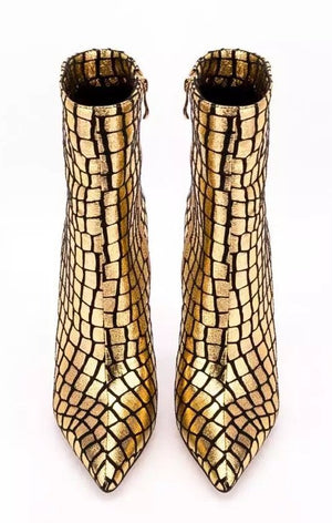 Gold Stone Pattern Ankle High Heel Boots