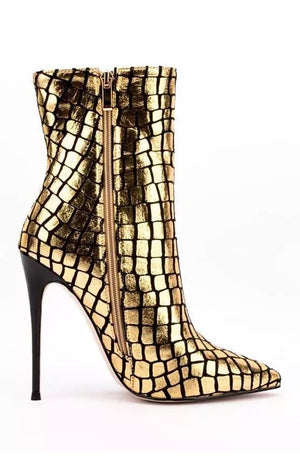 Gold Stone Pattern Ankle High Heel Boots