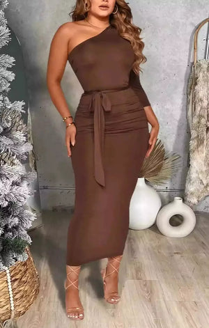 Spring new stylish simple solid color 7 colors plus size one shoulder pleated stretch slim with belt casual midi dress