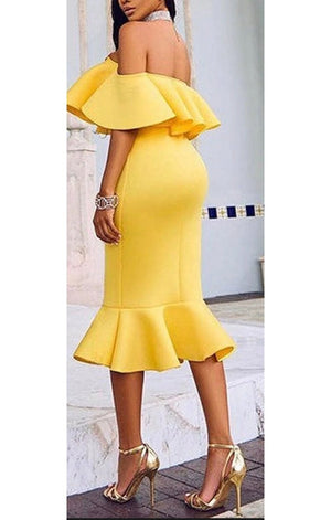 Off the Shoulder Pencil Dress - Ruffle Cuff and Hemline (MANY COLORS)