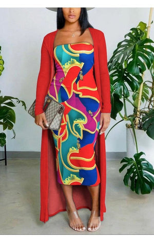Colorblock Print Tube Bodycon Dress With Longline Cardigan Set
