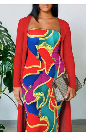 Colorblock Print Tube Bodycon Dress With Longline Cardigan Set