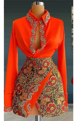 Luxury long  Sleeve Arabic Orange Print 2 Piece(Many Sizes) Skirt Set