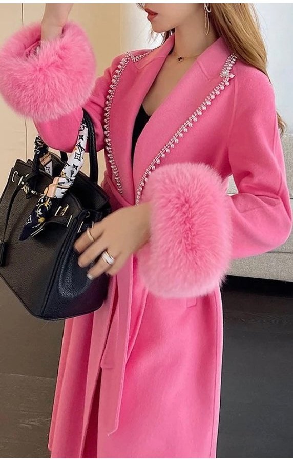 Women’s Real Fur Coat Wool Blends Natural Fox Fur Cuffs Pearl Collar (4 COLORS)
