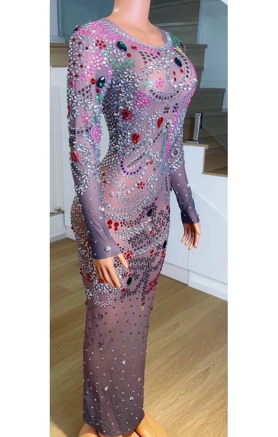 Sequin Long Sleeve Transparent Multicolored Stones Party Dress