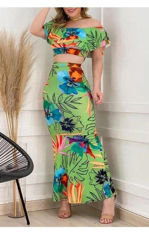 Tropical Print Off Shoulder Ruffle Hem Crop Top & Skirt Set