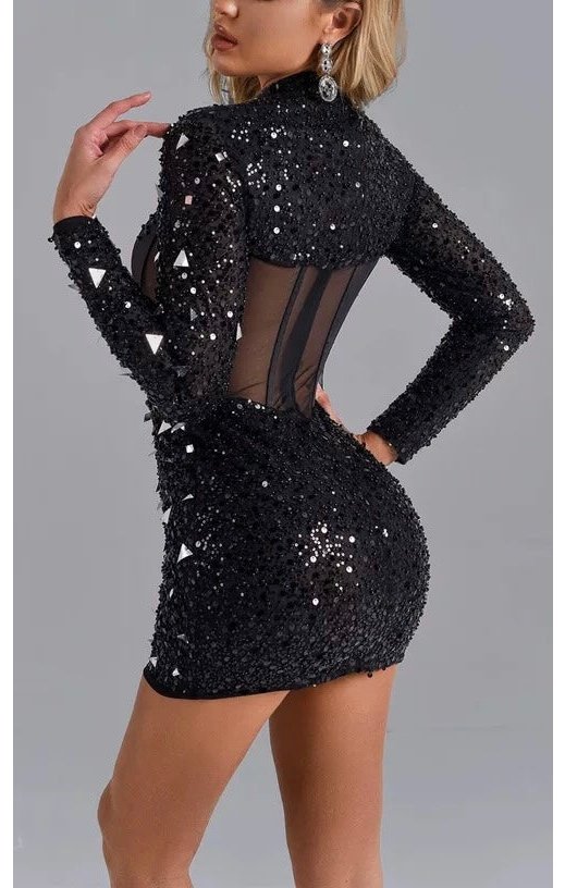 Black Sequins Long Sleeve Party Dress