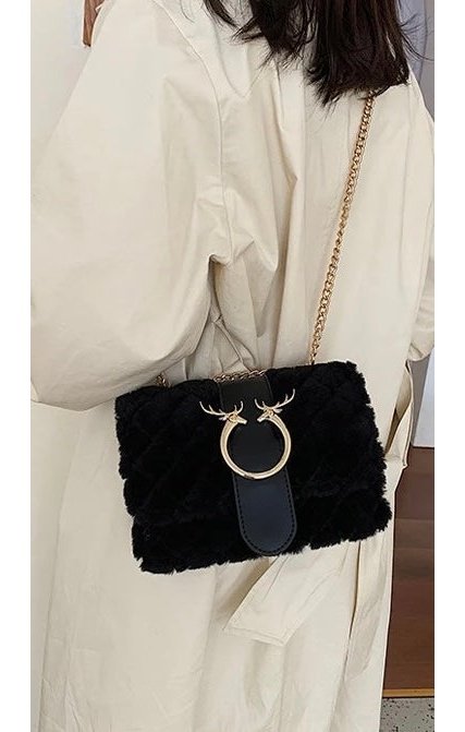 Elegant Soft Plush Fur Designer Style  Shoulder Bags Deer Lock Shape  Chain Handbag.( Many Colors)