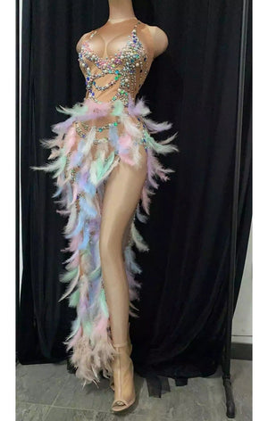 Sexy Multicolored Feather Rhinestone Dress Costume Celebration Party