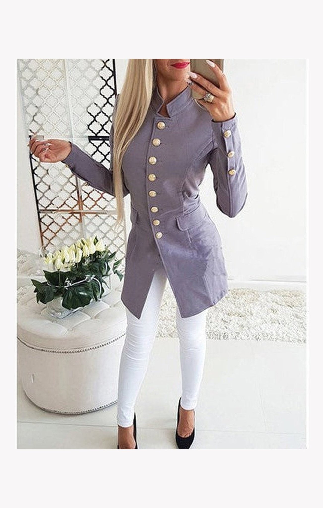 Women's Longer-Length Blazer - Metal Buttons / Standup Collar (4 Colors)