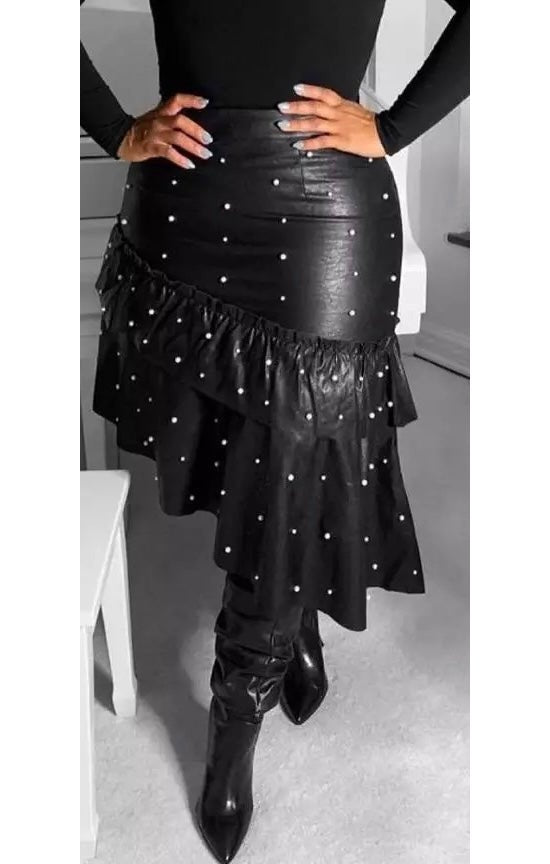 PU Leather Skirt Beaded Decor Ruffle Hem Asymmetrical  (2 Colors ) (Plus Sizes Available)