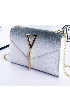 Designer Style V Crocodile Print Letter Tassels Gradient Chain Crossbody Bag (Many Colors)