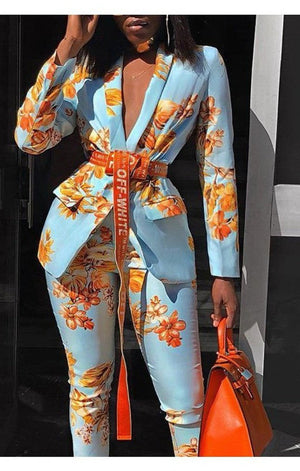 (Sold Out) Floral Print Shawl Collar Flap Detail Blazer & Pants Set