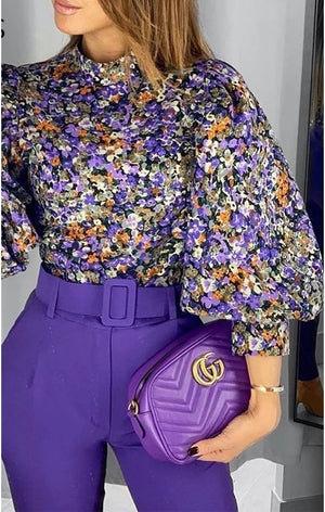 Purple multicolored Lantern sleeve Top