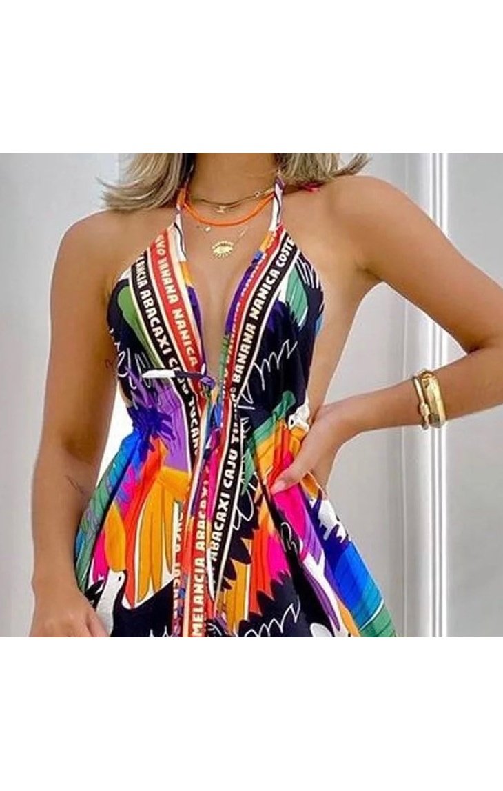 Multicolored Print Halter Backless Maxi Dress