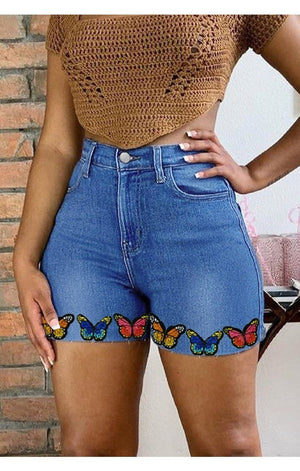 Butterfly Embroidery Zipper Fly Denim Shorts