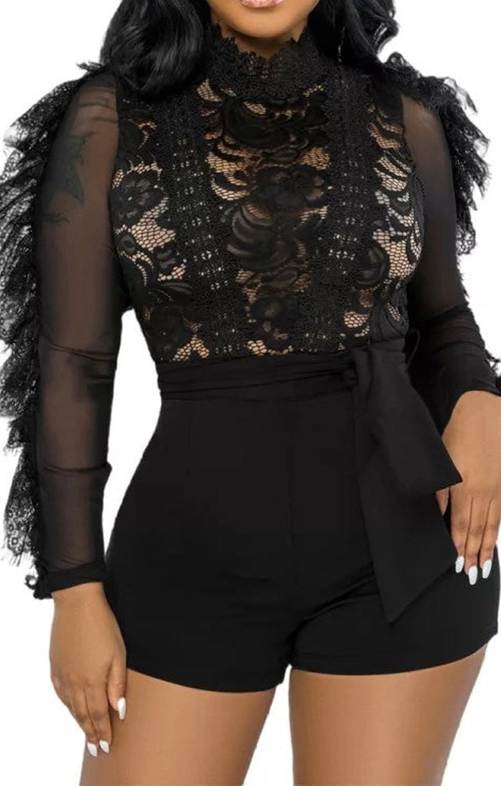 Sexy Ruffles O Neck Long Sleeve See Through Jumpsuit (3 Colors)