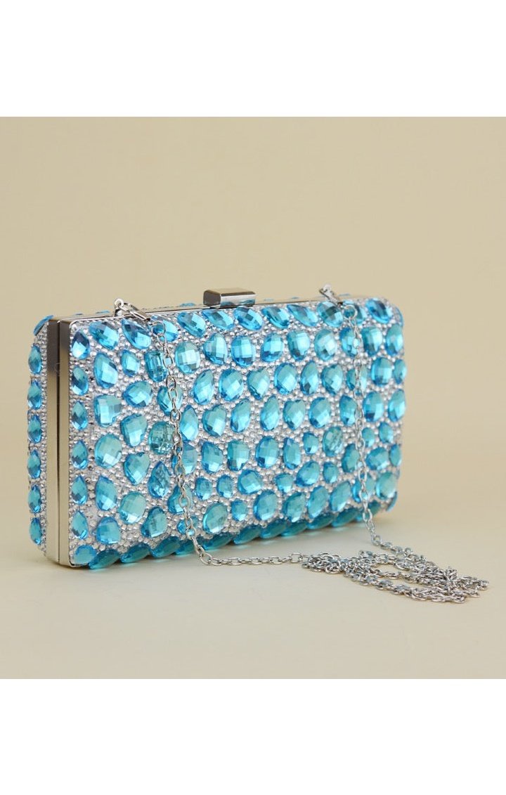Luxury Blue Matching Clutch  purse bag Set Bling Stones