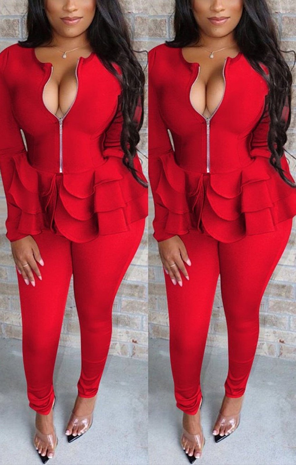 Ruffle Red Long Sleeve Two-Piece Set