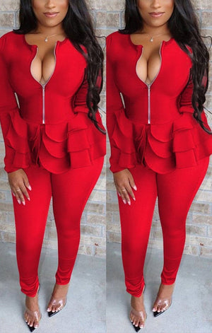 Ruffle Red Long Sleeve Two-Piece Set
