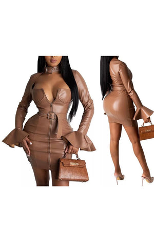 Brown Sexy Pu Faux Leather Belted Dress
