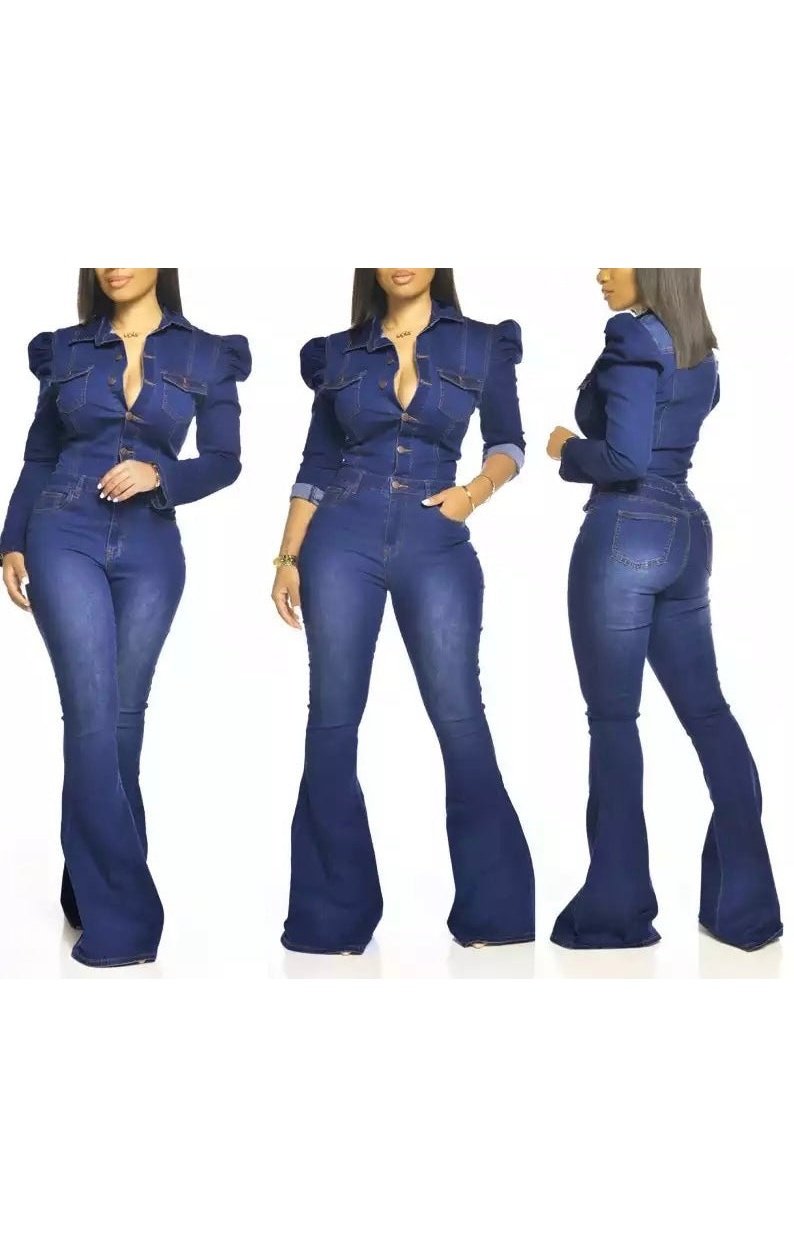 Blue Jean Long Sleeve Jumpsuit (3 Colors) (Many Sizes)