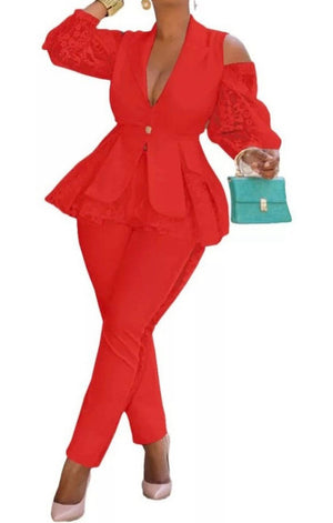 Lace Sleeves Blazer Long Pant Suit Casual Set  (Many Colors)