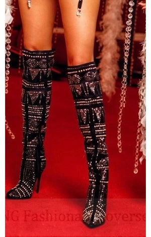 Luxury Designer Crystal Over the Knee  High Boots  10 cm