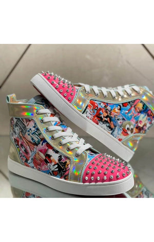 High Top Luxury Red Bottom Graffiti Leather Shoes  Ladies sneakers Shoes