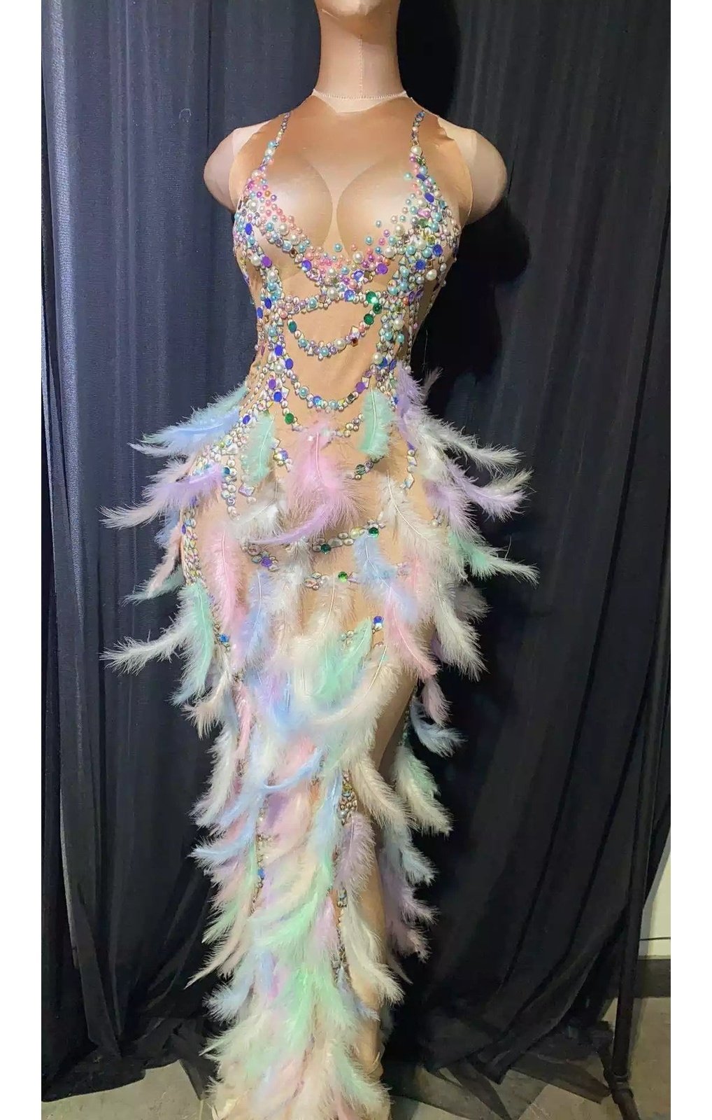 Sexy Multicolored Feather Rhinestone Dress Costume Celebration Party