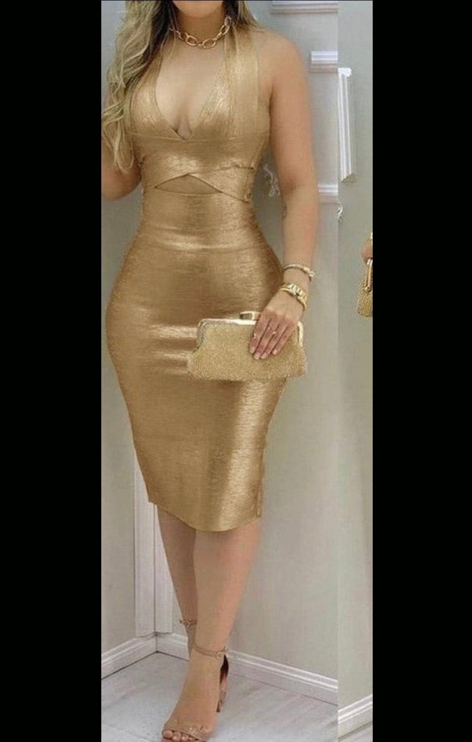 Gold Halter Zipper Design Cutout Backless Midi Dress