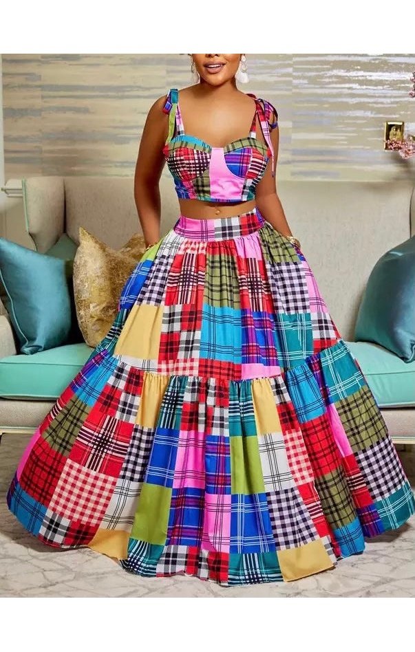 Print Top & Maxi Flowy Skirt Set (2 Colors)