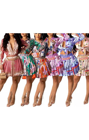 Long Sleeve Print Pleated Skirt Set (Many Colors)