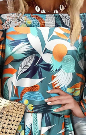 Off Shoulder Shirred Bell Sleeve Tropical Print Dress
