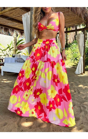 Floral Print Twist Crop Top & Skirt Set