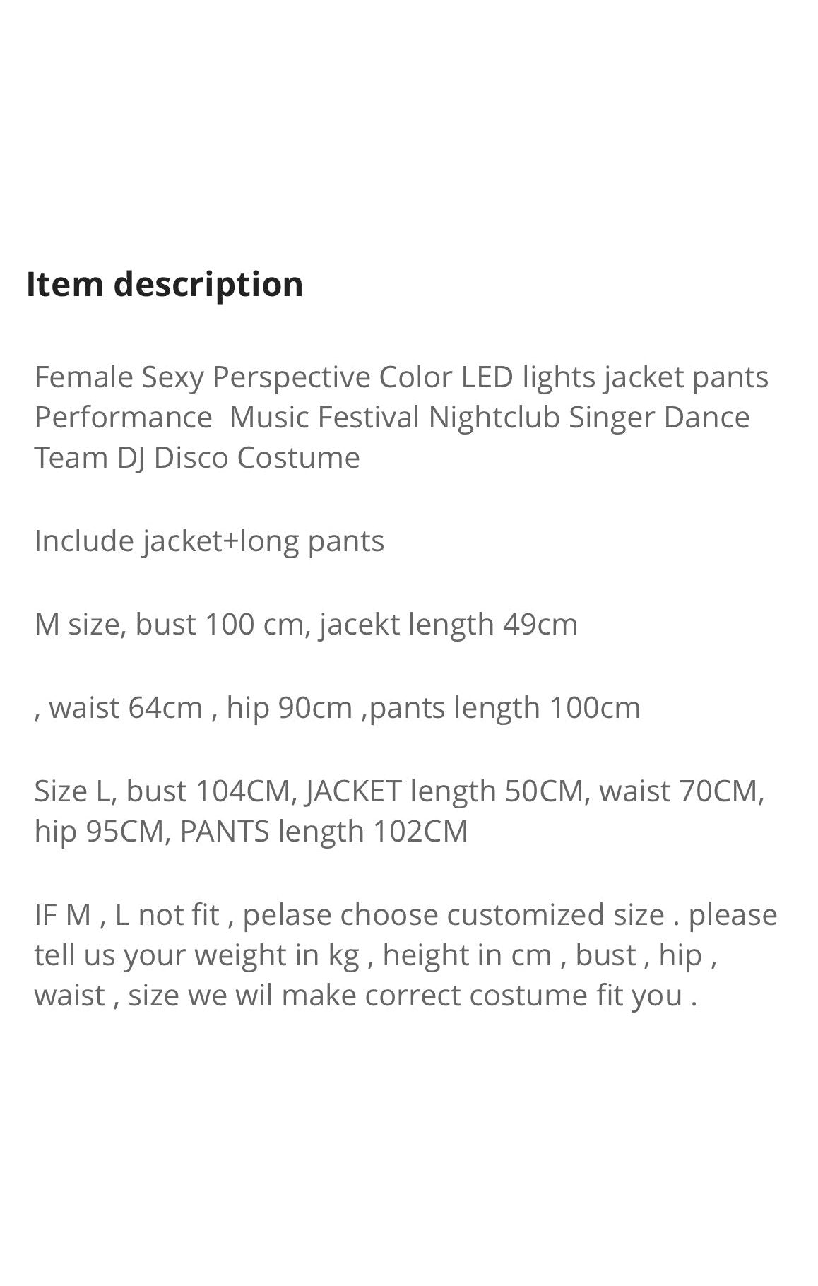 Sexy colourful LED lights Performance  Color Changing Pants  Set