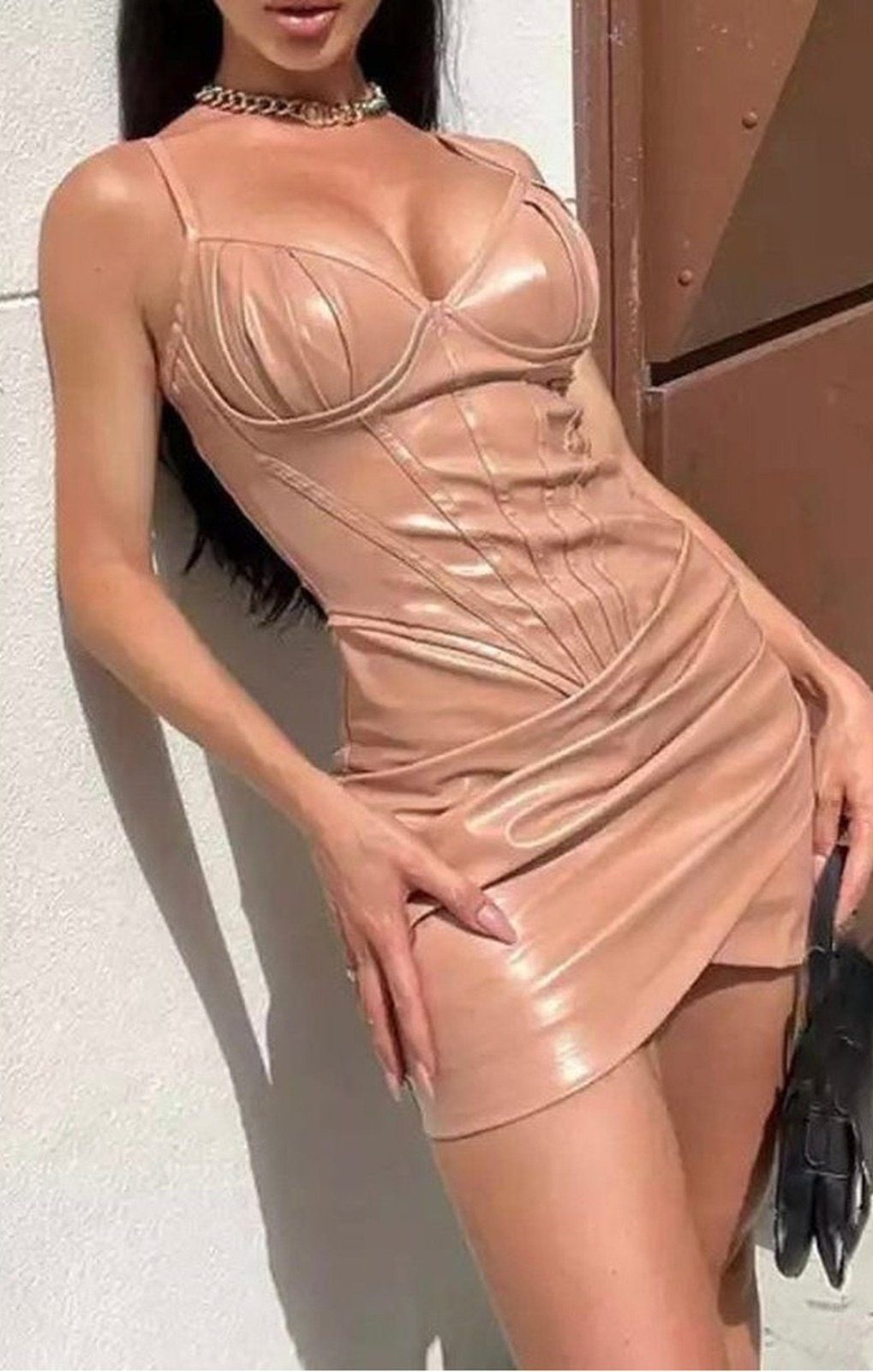 Sexy Pu Faux Leather Ruched Strap Mini Dress