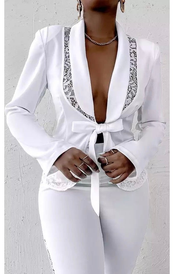 White Blazer Style Belted  Coat & Pants Set