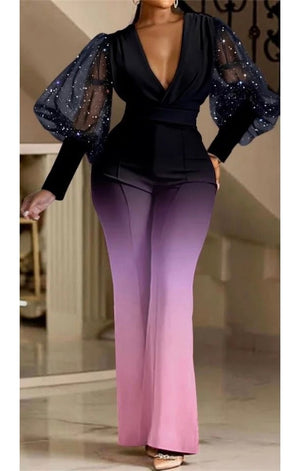 Puff Sleeve Mesh Sequin Wide Leg Jumpsuit (Many Colors)