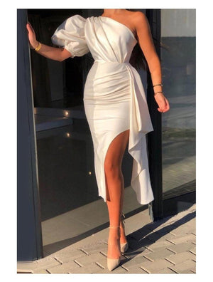 (4 Colors) One Shoulder Puff Sleeve Split Thigh Bodycon Dress