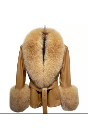 Genuine Leather lWaist Length Winter fur collar and Wrist Cuff stylish  jacket wiith belt Plus Sizes Available ( Many COLORS) (Many Sizes)