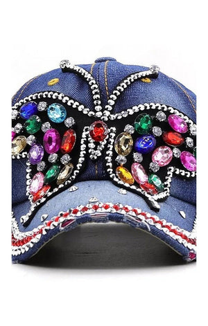 Baseball Cap Women Full Crystal Colorful Big Butterfly Hat Denim