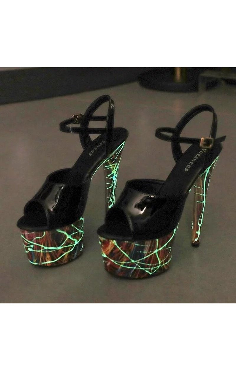 (2 Colors)Fluorescent Platform Patent Leather Stiletto High Heels Sandals